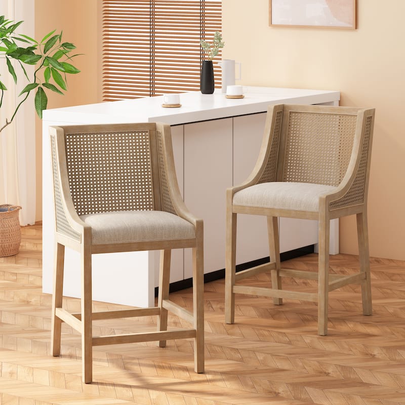 Christopher Knight Home Cataldo Fabric Upholstered Wood and Cane 25.5-Inch Counter Stools (Set of 2) - Beige