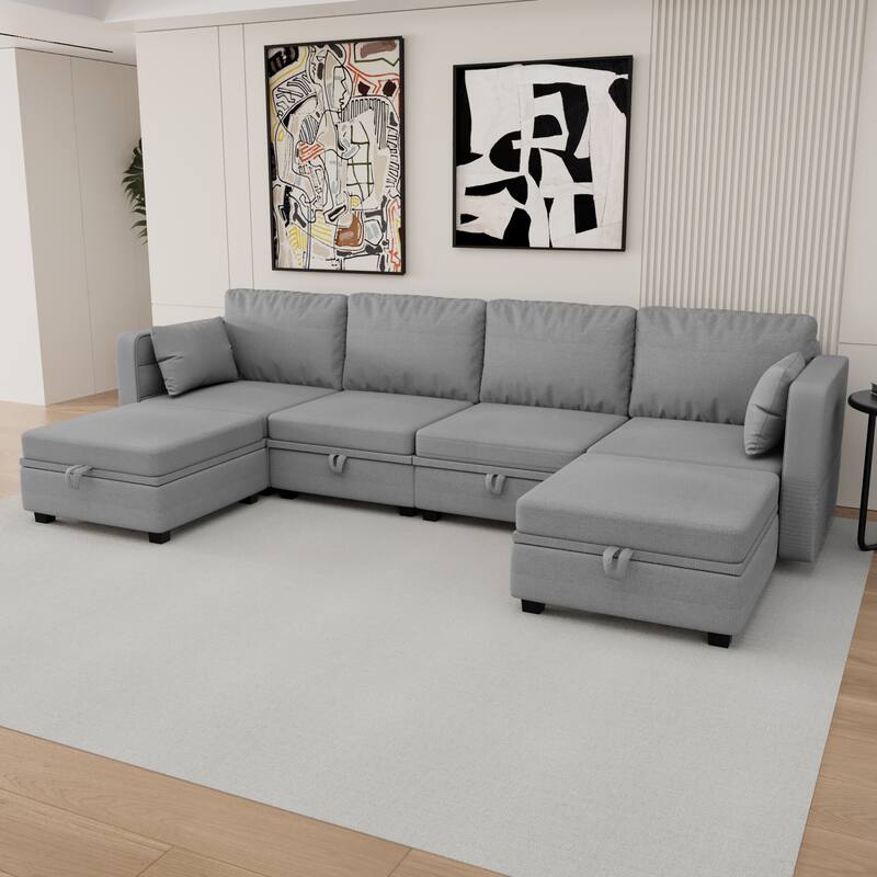6-Seat U-Shaped Modular Reversible Sectional Sofa with Storage Ottoman