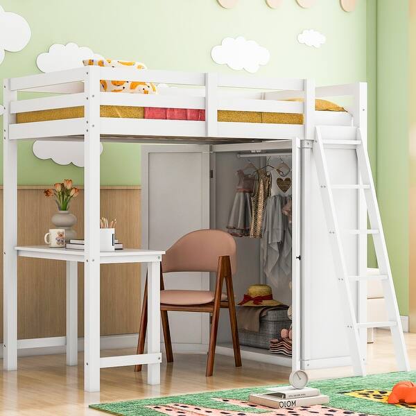 slide 2 of 11, Twin Size Storage Loft Bed with Wardrobe, Wooden Bed with Desk, Kid's Bed with Ladder and Guardrail for Bedroom, White White