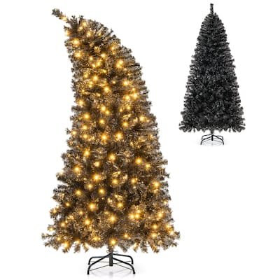 Gymax 6/7 FT Artificial Halloween Tree Pre-Lit Black Christmas Tree w/