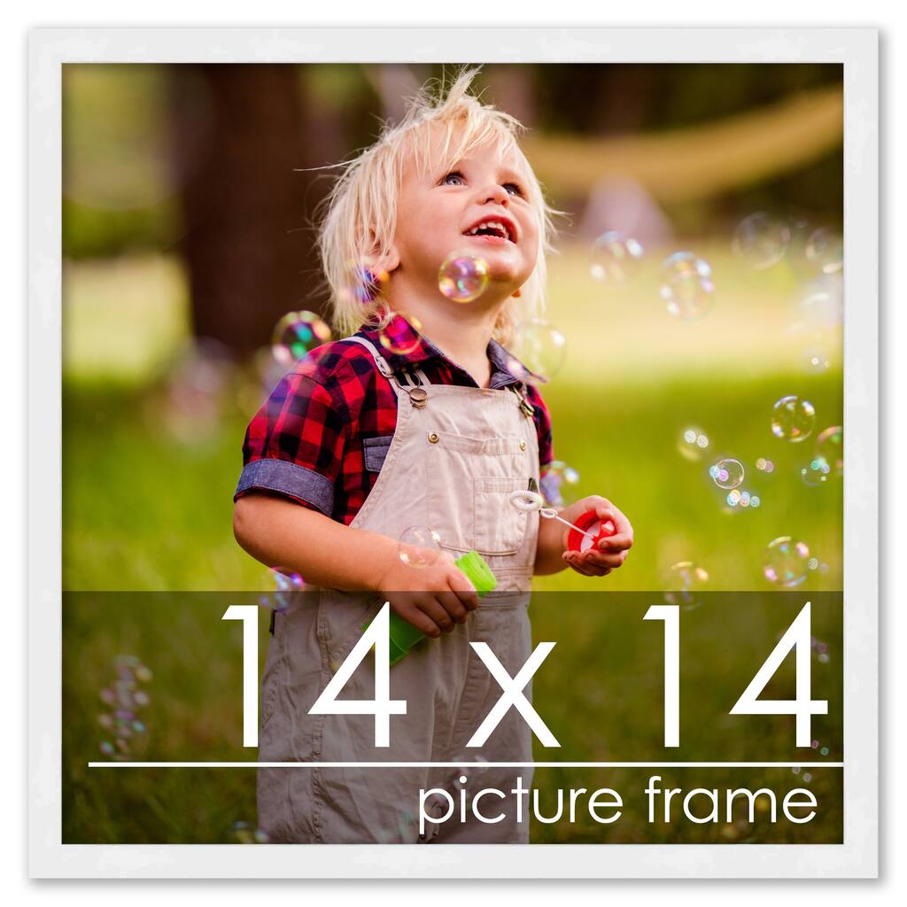 14x14 White Wood Picture Square Frame - UV Acrylic, Foam Board Backing, Hanging Hardware