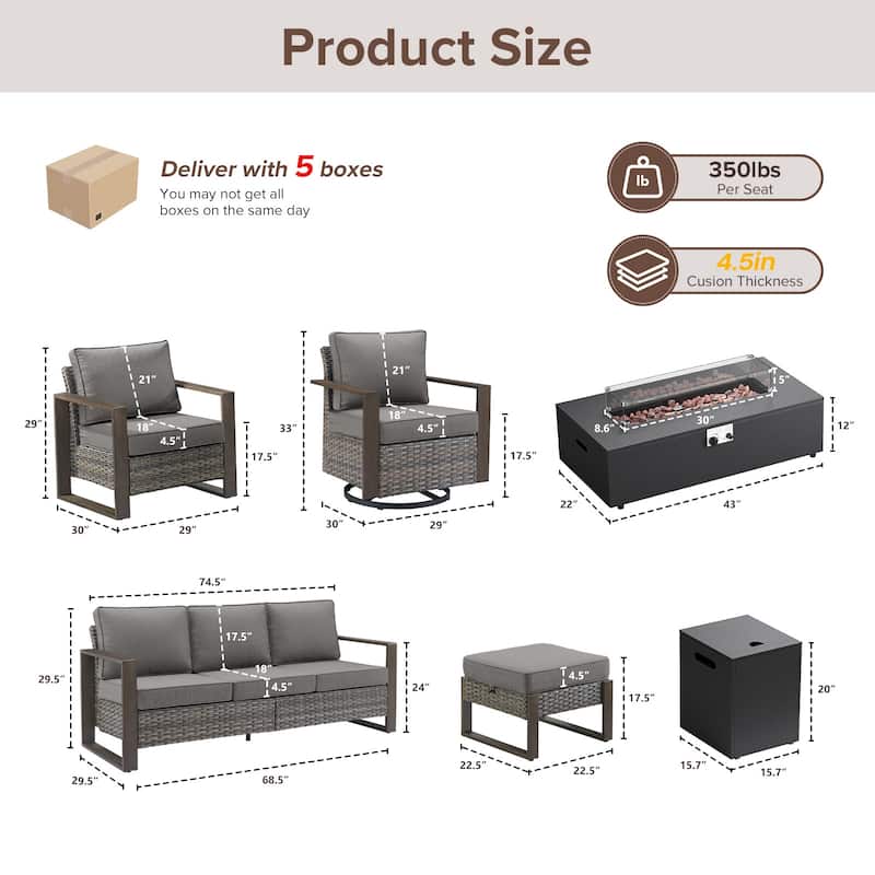 Meyreso Wicker Outdoor Patio Fire Pit Set with Swivel Gliders and 4.5-Inch Olefin Cushions