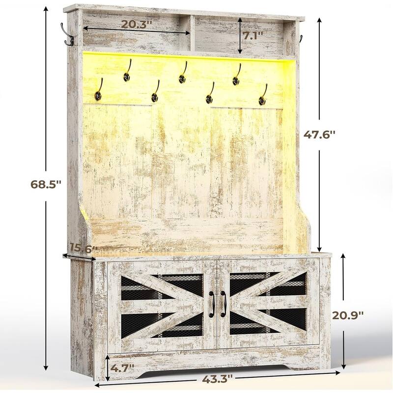 Hall Tree w/ Bench Shoe Storage Shoe Cubby Barn Door Adjustable Shelf