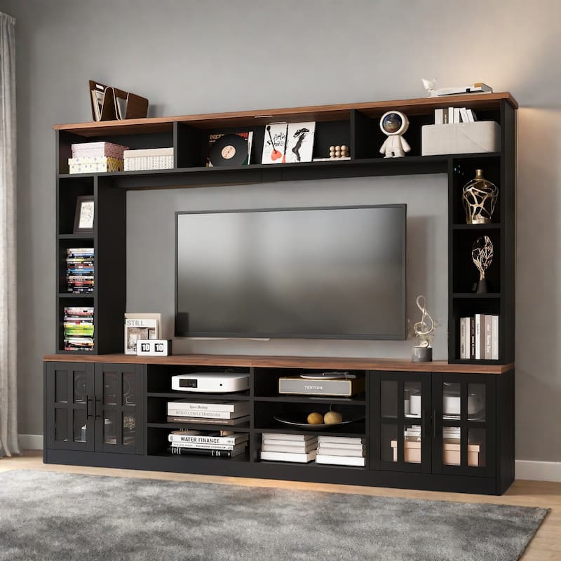 95.5" Extra Wide Media Wall Unit 6 Display Shelves + 2 Adjustable Cabinets, 10 Cable Holes - Black