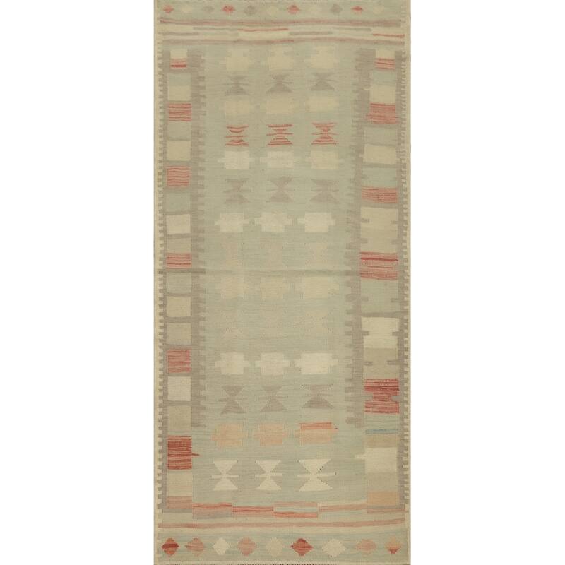 Hand Woven Oriental 100% Wool Carpet Southwestern Tribal Green Kilim Runner Rug - 7' 7'' X 2' 8''