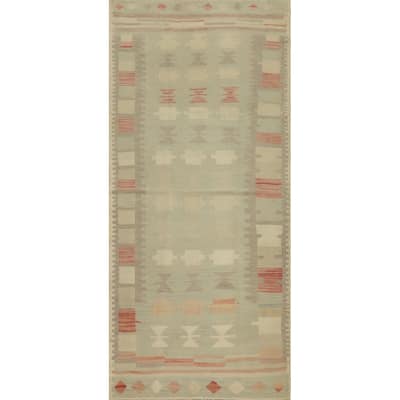 Hand Woven Oriental 100% Wool Carpet Southwestern Tribal Green Kilim Runner Rug - 7' 7'' X 2' 8''