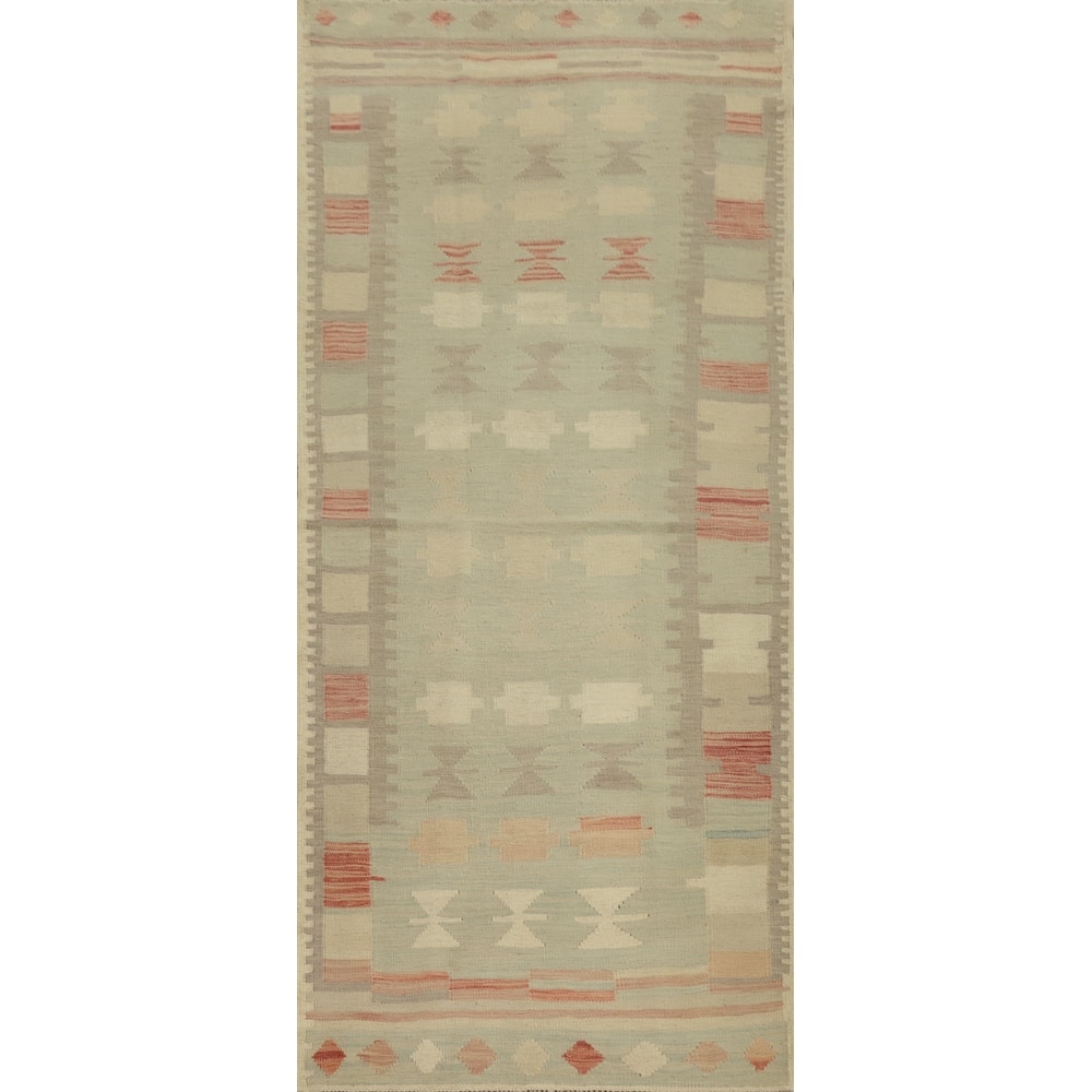 Hand Woven Oriental 100% Wool Carpet Southwestern Tribal Green Kilim Runner Rug - 7' 7'' X 2' 8''