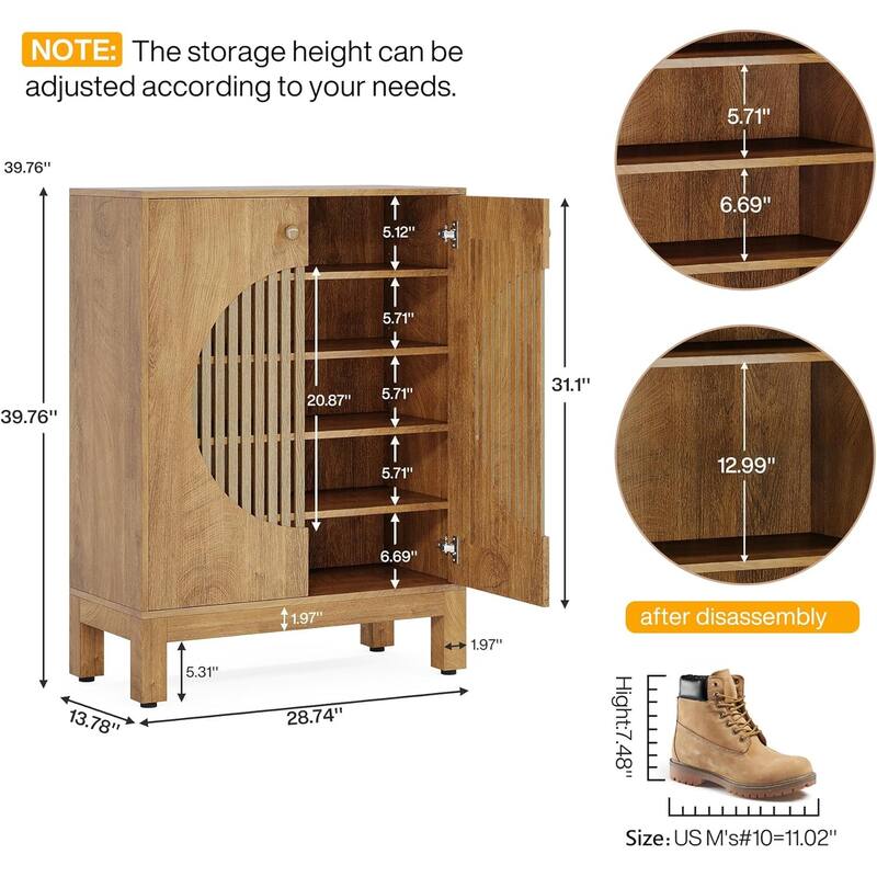 Natural 5-Tier Shoe Cabinet with Adjustable Shelves and Louver Doors for Entryway Storage - 28.74”L x 13.78”W x 39.76”H