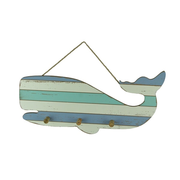 Blue and White Striped Wood Whale Wall Hook Rack - 9.5 X 18 X 1.5 inches