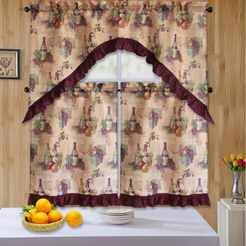3 Piece Kitchen Curtain Rod Pocket Decorative Window Treatment Valance & Swag Curtain Set