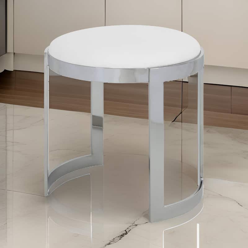 Niyo 19 Inch Accent Stool Ottoman, Round Seat, White Faux Leather, Silver