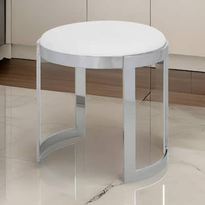 Niyo 19 Inch Accent Stool Ottoman, Round Seat, White Faux Leather, Silver