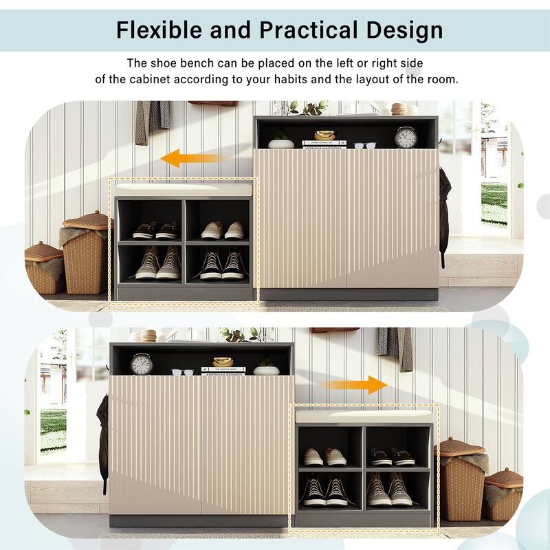 Storage Cabinet w/ Shoe Bench, 3-Tier Adjustable Shelves, 4 Open Shoe Racks & Removeble Cushion
