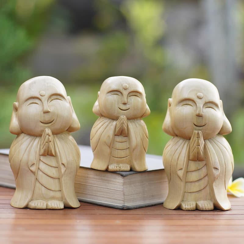 Novica Handmade Guardian Jizo Wood Sculptures (Set Of 3)