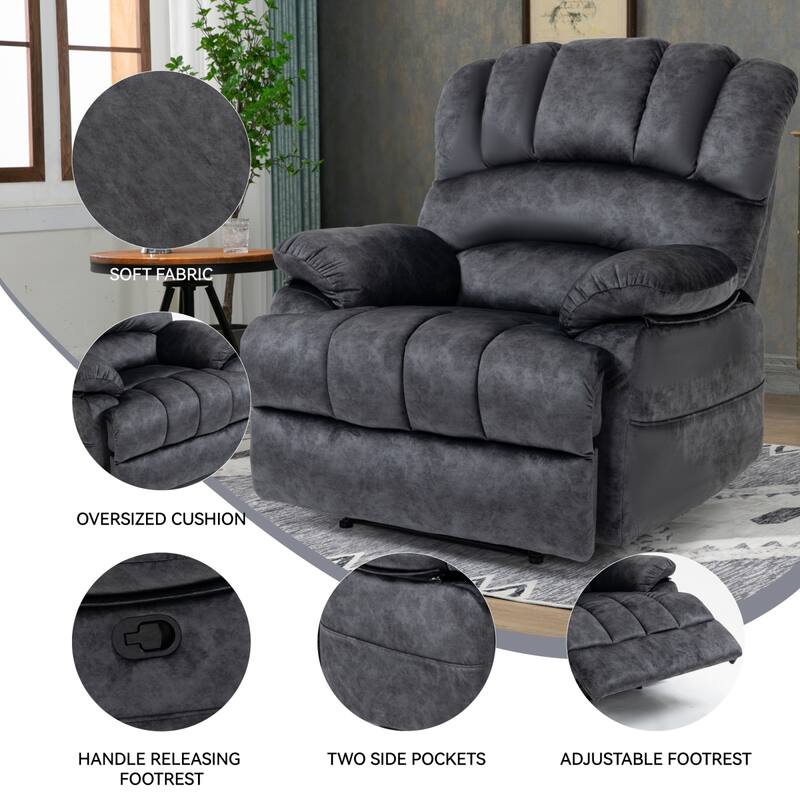 Roomfitters Oversized Manual Recliner Chair Padded Fabric Living Room Seating Ergonomic Lounge Sofa with Wide Armrests