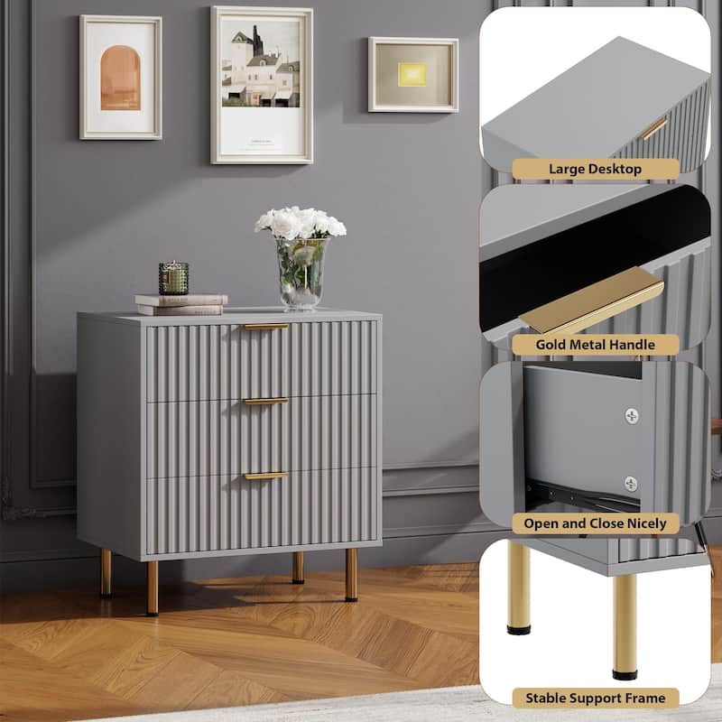 Fluted 3 Drawer Dresser for Bedroom, Modern Wooden Chest with Deep Drawers and Wide Top