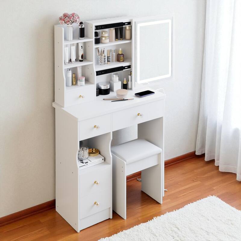 Small Vanity Desk with LED Sliding Mirror, Power Station, Hair Dryer Holder and Stool for Compact Spaces