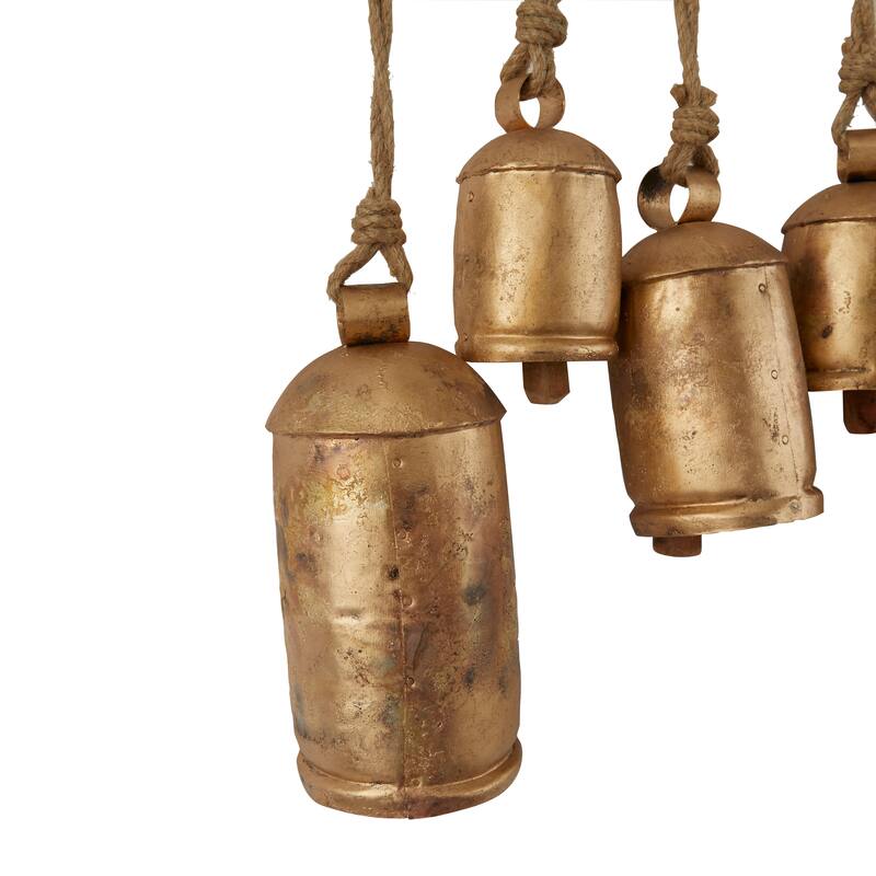 Bronze or Gray Metal Tibetan Inspired Decorative Cow Bell with Jute Hanging Rope and Rod
