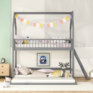 Twin Over Twin-Twin House Bunk Bed with Extending Trundle for 3 Kids/Adults, Convertible Solid Wood Triple Bunkbed w/Guardrail