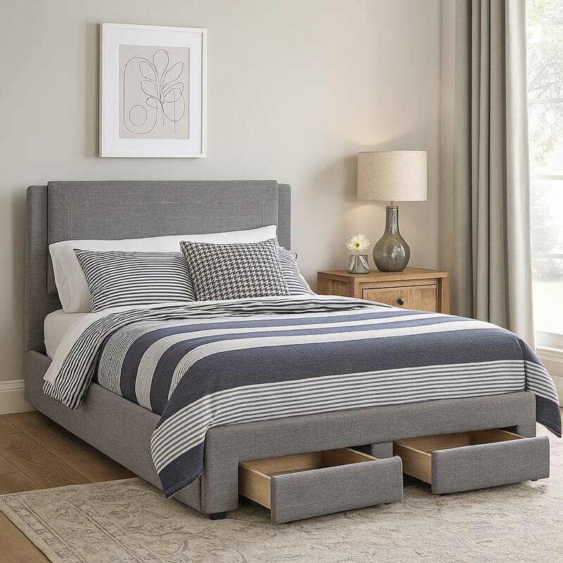 Fina Queen Size Bed w Storage Footboard, Gray Faux Linen Upholstery