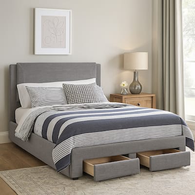 Fina Queen Size Bed w Storage Footboard, Gray Faux Linen Upholstery