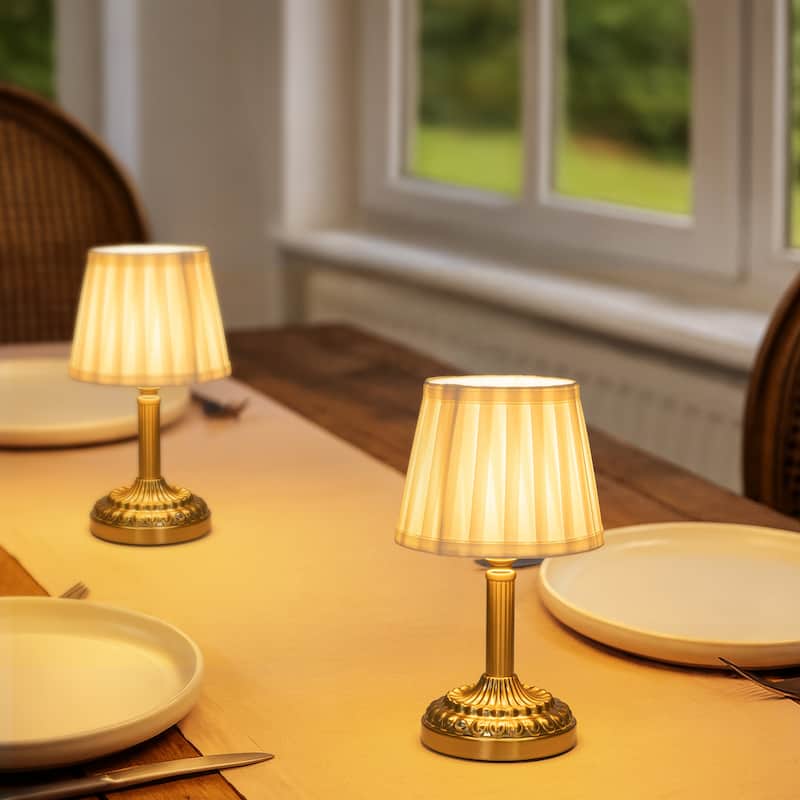 Brass Glam Cordless Fabric Shade Table Lamp Touch Control with 3 Way Classic Dimmable Rechargeable LED（2 Pack） - W6''