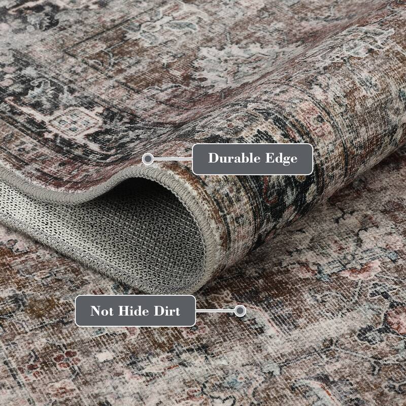 Area Rug Vintage Washable Floral Distressed Living Room Rugs, Soft Low Pile Non-Slip Rugs for Bedroom