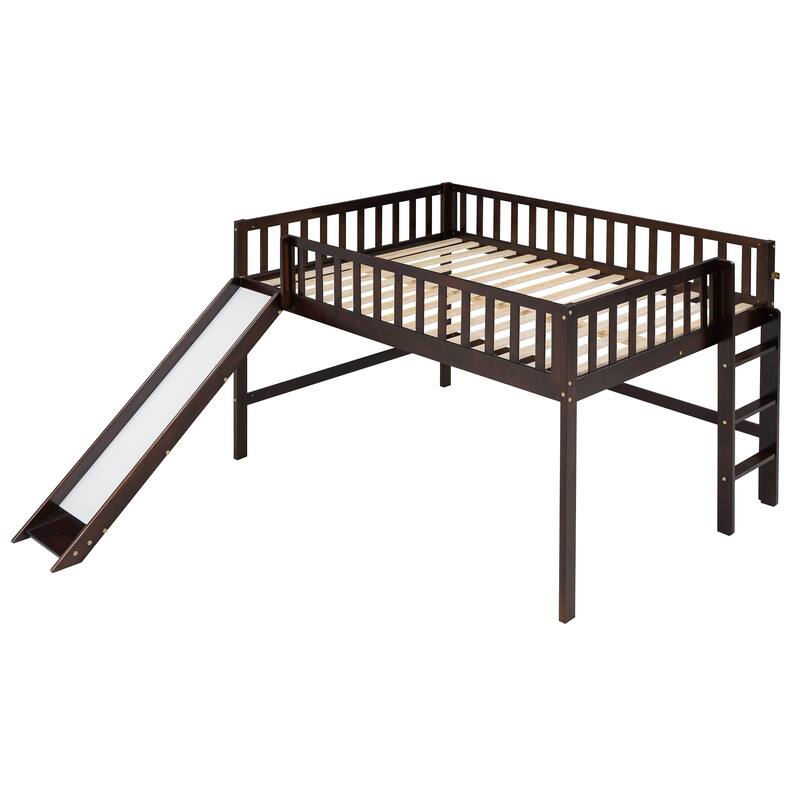 Low Loft Bed with Ladder and Slide, Solid Wood Loft Bed Frame with Full-Length Guardrail for Boys or Girls, No Box Spring Needed - Espresso - Full
