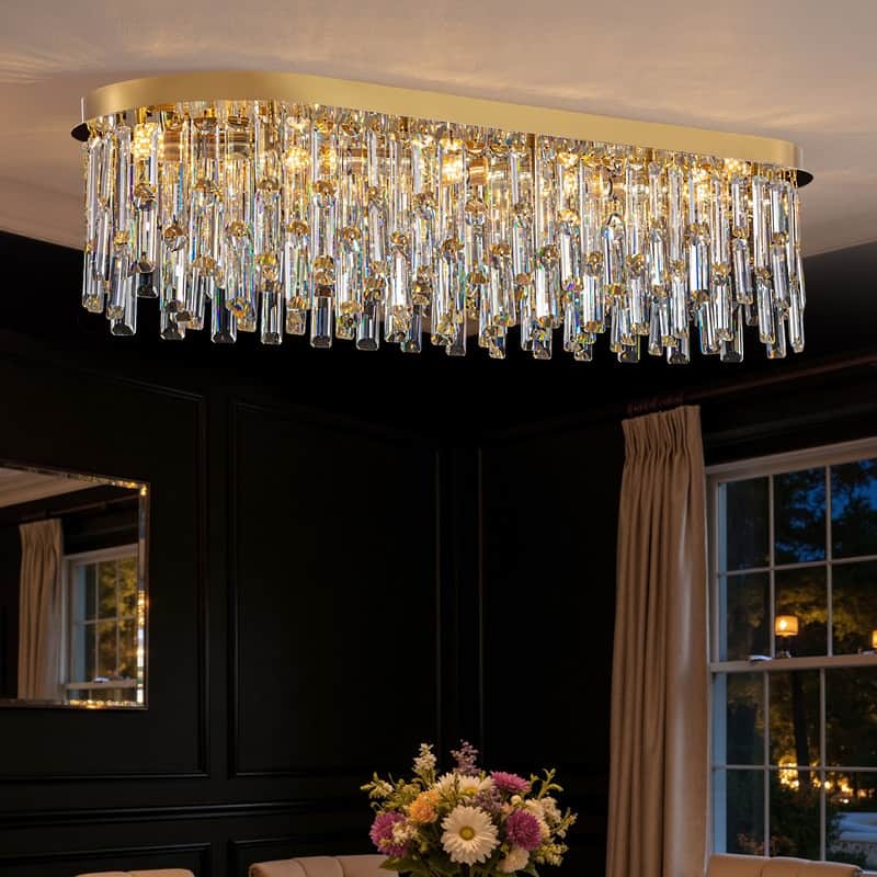 39.3 in. Brass Modern Luxury Crystal Chandelier Rectangular Flush Mount Ceiling Light for Dining Room Living Room