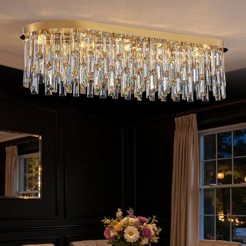 39.3 in. Brass Modern Luxury Crystal Chandelier Rectangular Flush Mount Ceiling Light for Dining Room Living Room