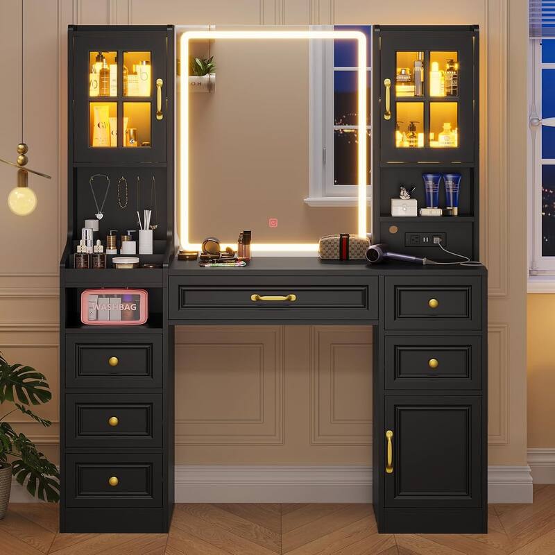 Vanity Desk Touch Screen Mirror Cabinets 6 Drawers 5 Jewelry Hooks