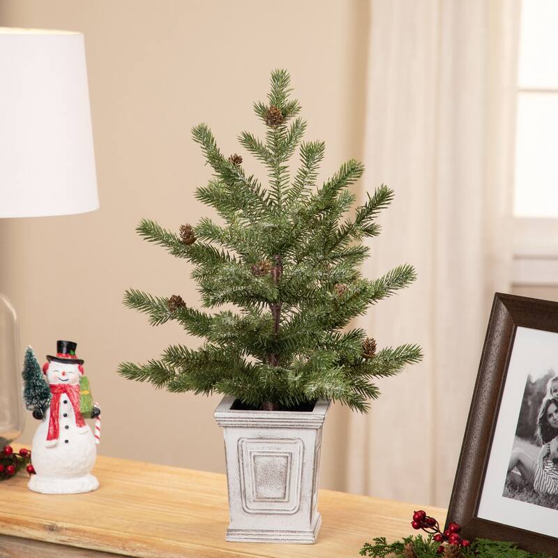 Lightly Flocked Pine Potted Artificial Christmas Tree with Pinecones - 22" - Unlit