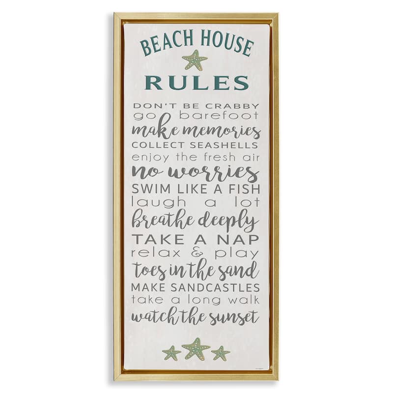 Stupell Fun Recreations Beach Rules Framed Floater Canvas Wall Art Design By Seven Trees Design - 11 x 25 - Gold