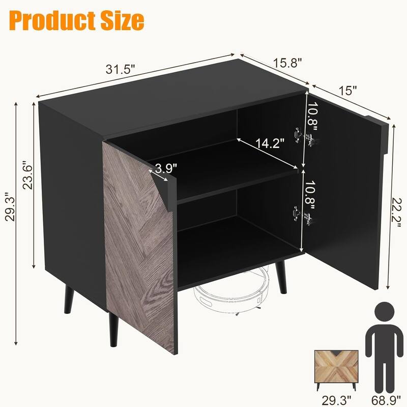 31.5" Cabinet with Shelves and Doors with Storage, Black + Gray Texture