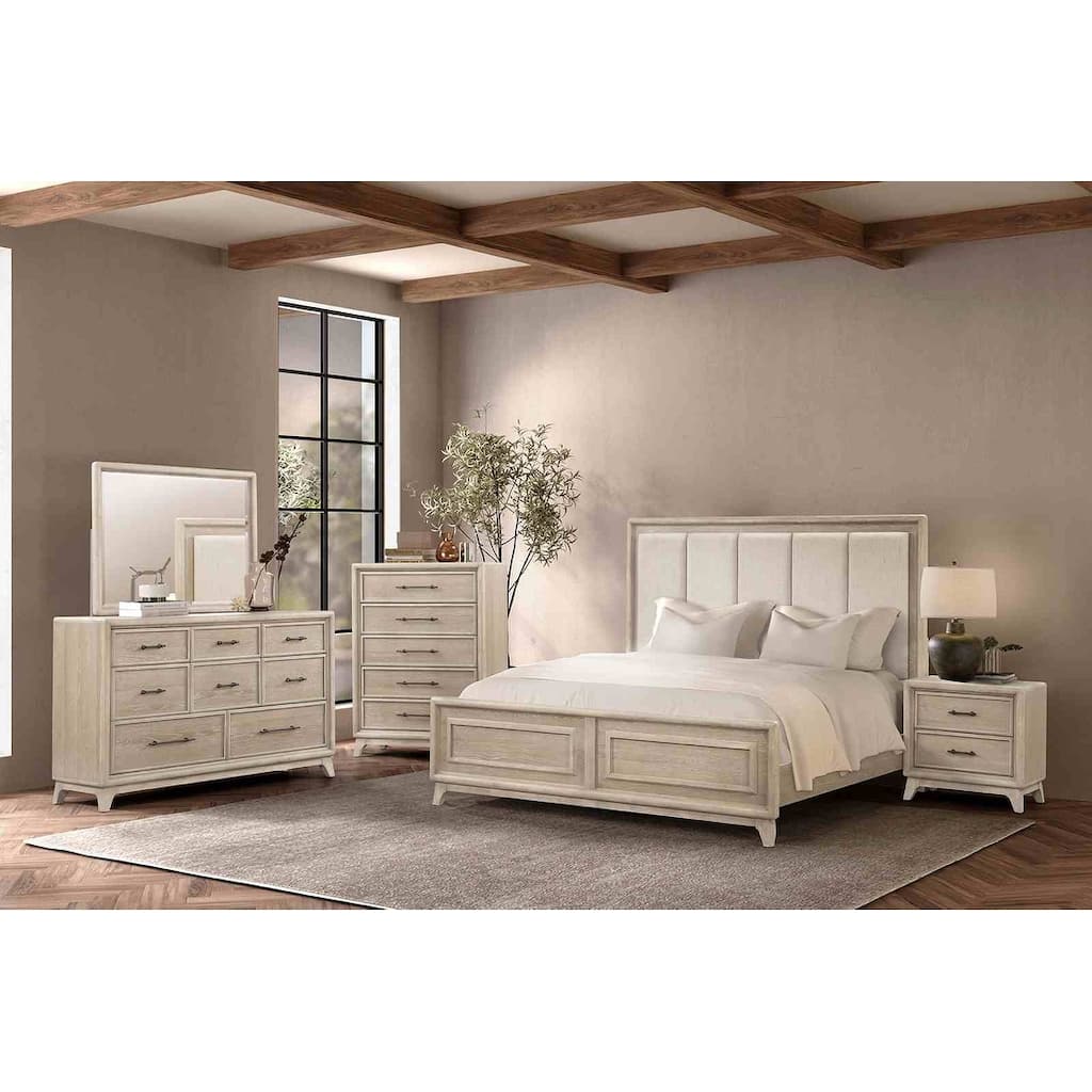 Modern Oak Finish Bedroom Furniture Set with Upholstered Headboard Bed