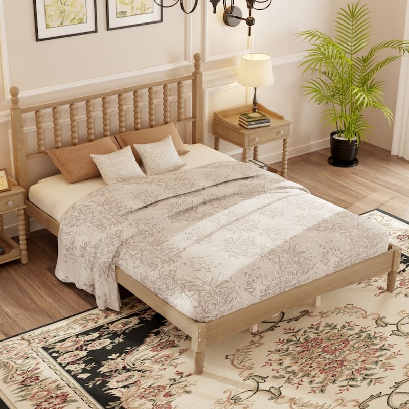 Modern Wooden Queen Size Platform Bed with Gourd Shaped Headboard - Natural 
