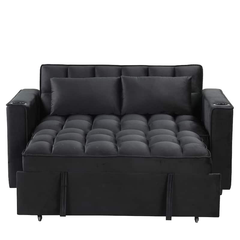 58" Velvet Sofa Bed with Built-In Cup Holder and USB Port, Great for Apartments or Guest Rooms