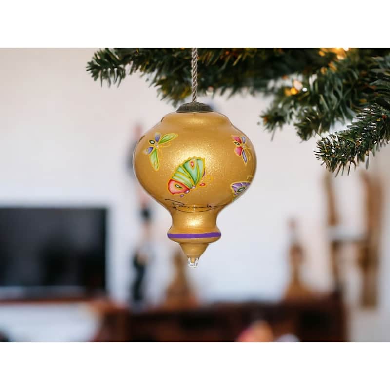 HomeRoots Golden Extravagant Butterflies Hand Painted Mouth Blown Glass Ornament - 3.75" x 2.75" x 2.75"