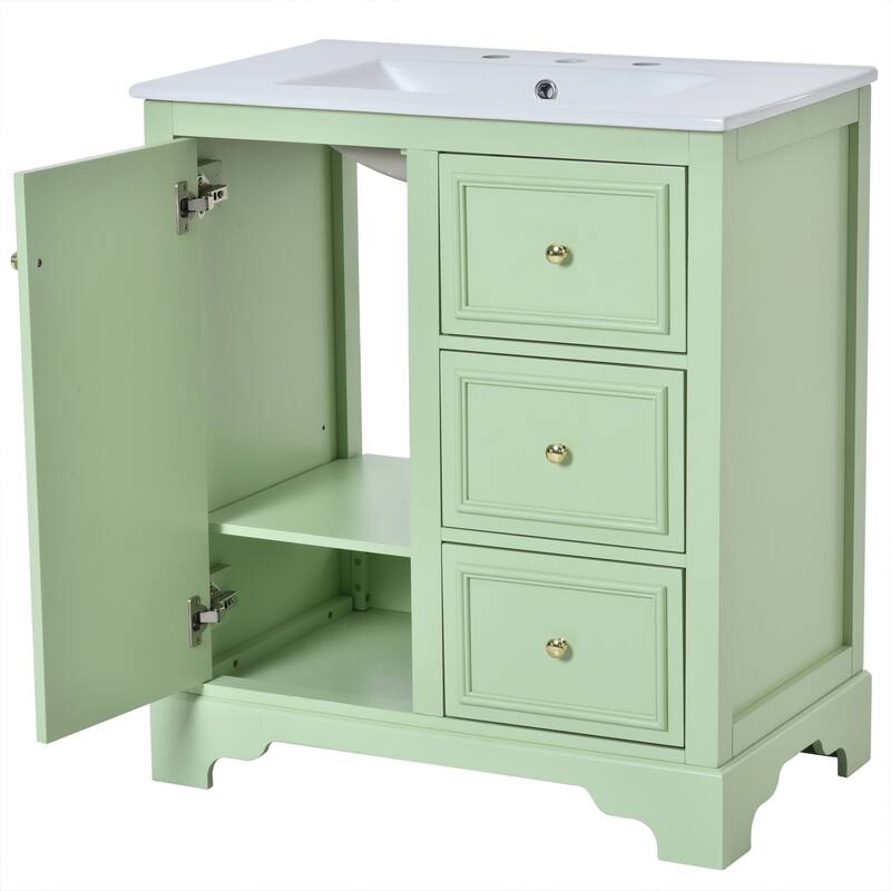30" bathroom vanity cabinet with ceramic basin, 3 drawers and adjustable shelves
