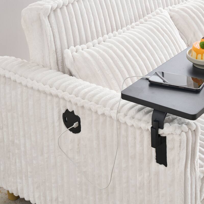 Beige Corduroy Pull-out and Push-in Sofa with Movable Tabletop and USB Ports
