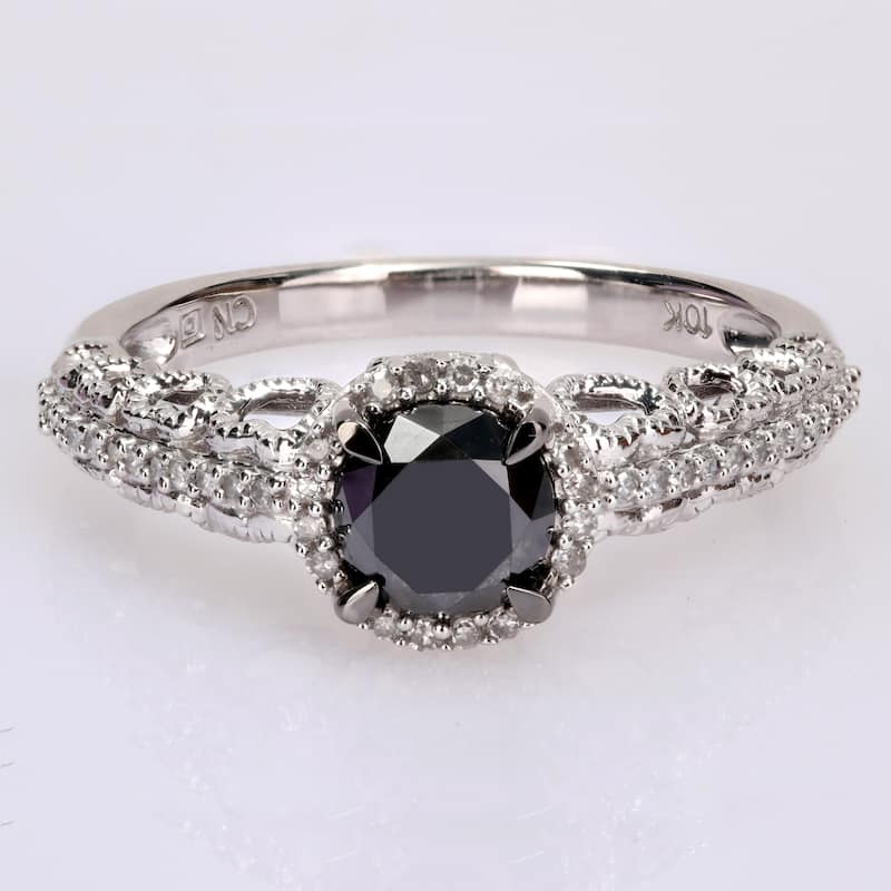 Miadora 10k White Gold with Black Rhodium 1 1/6ct TDW Black & White Diamond Halo Engagement Ring