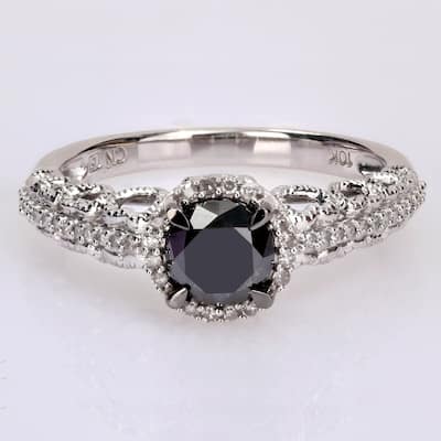 Miadora 10k White Gold with Black Rhodium 1 1/6ct TDW Black & White Diamond Halo Engagement Ring