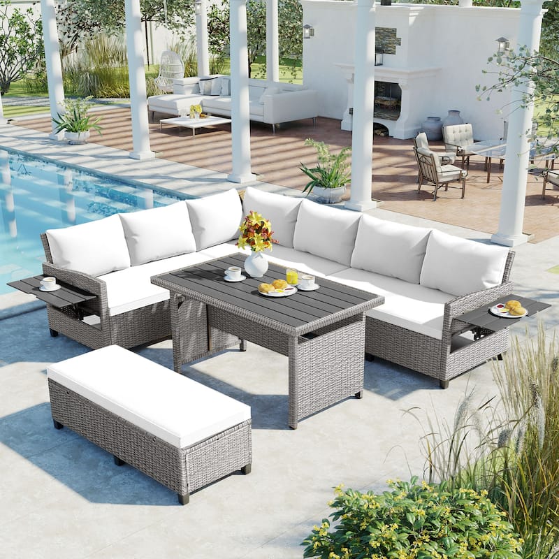 Roomfitters 5-Piece Outdoor Rattan Sofa Set, Patio Sectional Furniture with Dining Table, Storage Bench, Side Trays - White