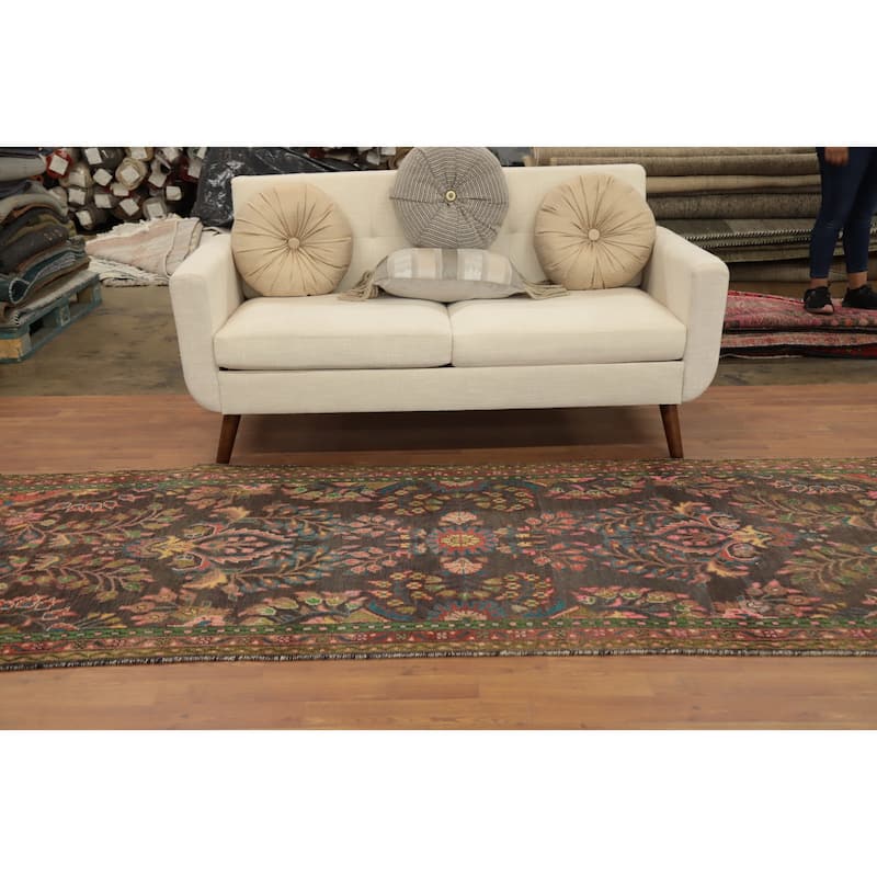 Hand Knotted Oriental 100% Wool Carpet Traditional Floral Greys & Charcoal Hamedan Runner Rug - 9' 11'' X 3' 7''