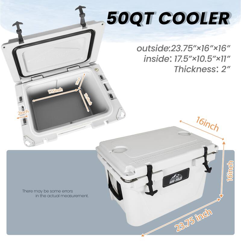 50 Quart Khaki Cooler, Ultra-Light Insulated Ice Chest - Heavy-Duty Hard Shell Cooler with 6-Day Ice Retention