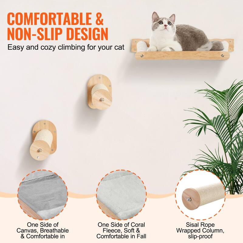 Oak Cat Wall Shelf with Hammocks & Jump Posts, Space-Saving Design