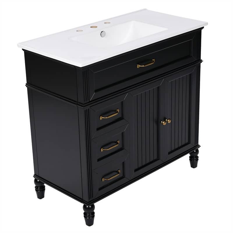 36" Bathroom Vanity with Ceramic Sink Top, Freestanding Bathroom Vanity Cabinet with 2 Doors and 2 Storage Drawers