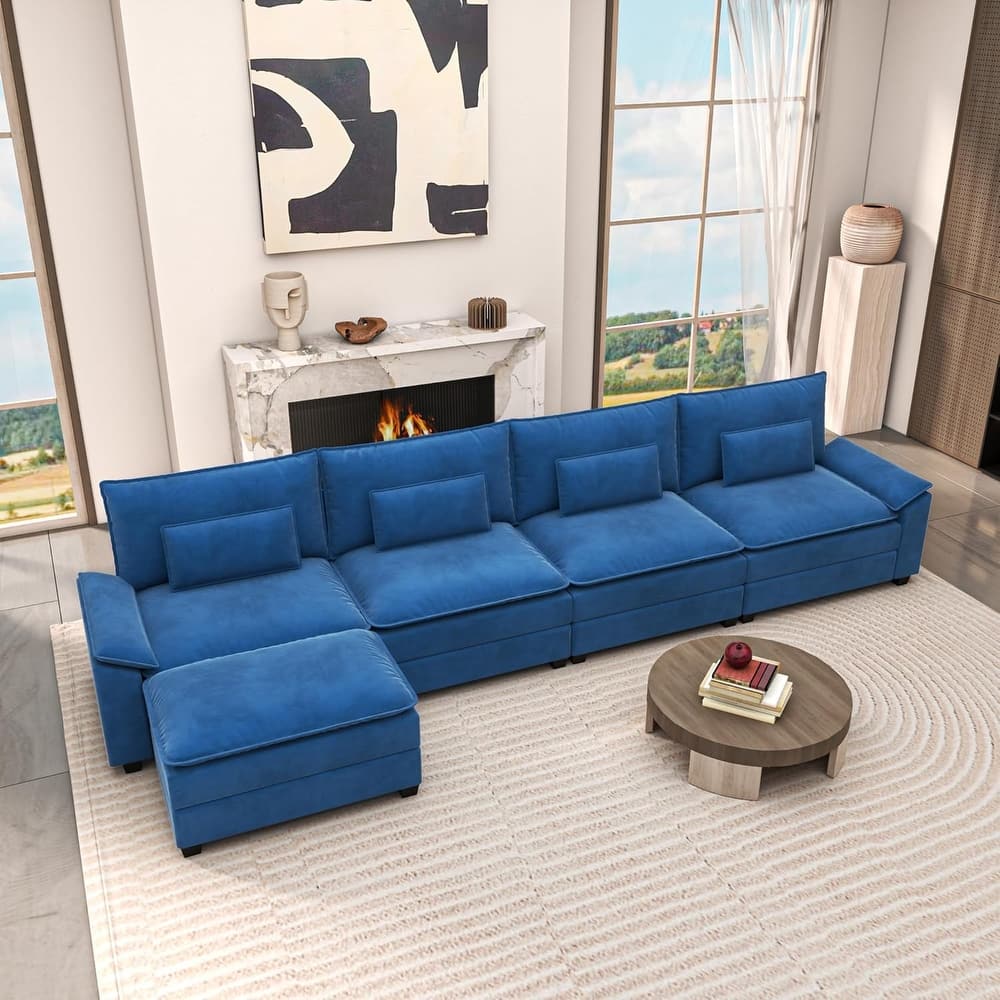Kullavik Cloud Chenille L-Shaped Sofa, Modular Sectional Sofa with Ottoman, Throw Pillows and Double Layered Cushion