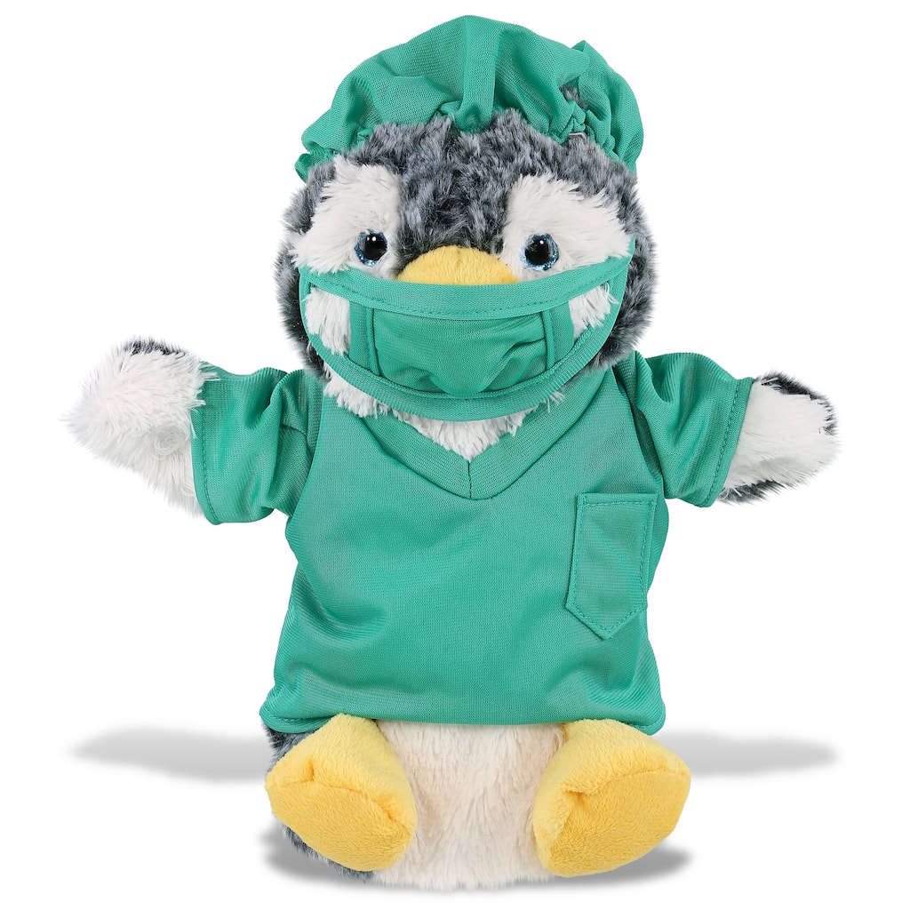 DolliBu Penguin Doctor Plush Hand Puppet w/ Cute Scrub Uniform and Cap - 8.5 inches