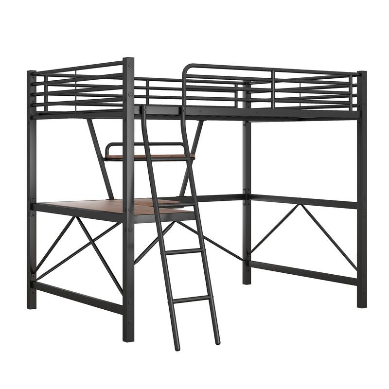 Metal Loft Bed with Desk and Guardrail